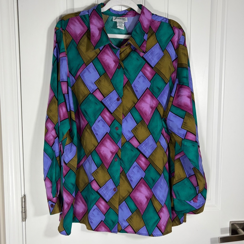 Vintage Joanna Geometric Diamond Print Blouse Purple Green Long Sleeve 2XL